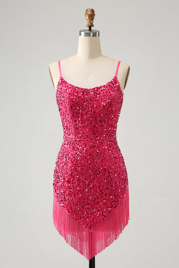 Vestido cóctel corto tirantes finos lentejuelas fucsia con borlas